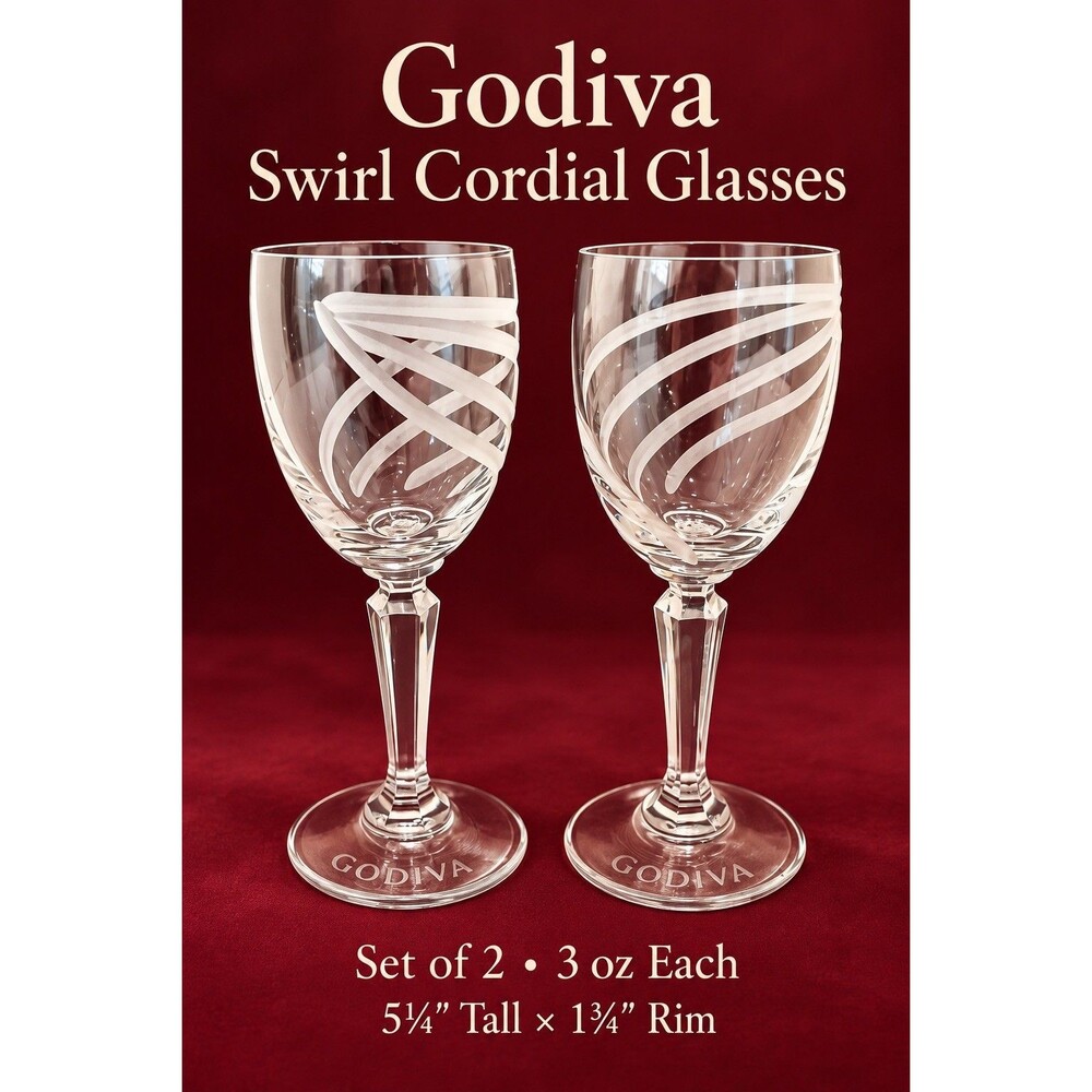 Godiva Cordial Glasses Set of 2 Frosted Swirl Faceted Stems 3 oz 5.25”